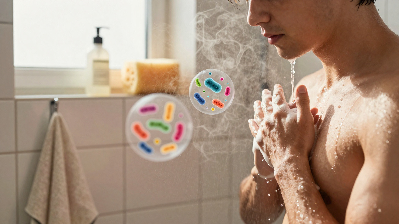 Man washing hands in shower with illustrated germs floating nearby in a tiled bathroom.