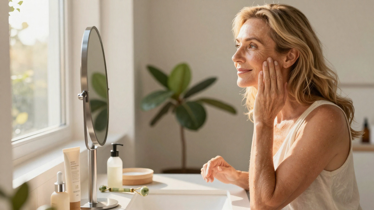 Mature woman applying skincare cream while looking into a mirror on a bright bathroom countertop.