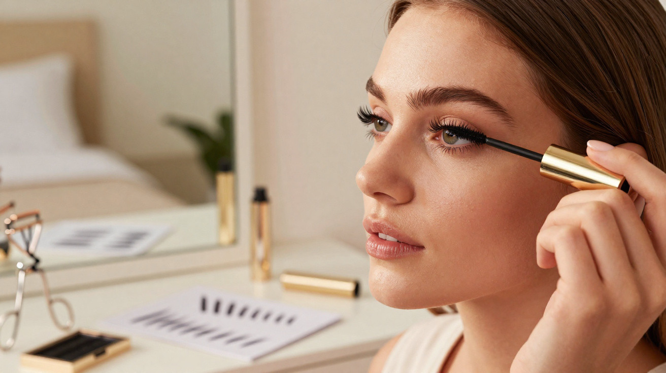 Young woman applies black mascara to her eyelashes in a softly lit bedroom with a mirror and makeup tools.