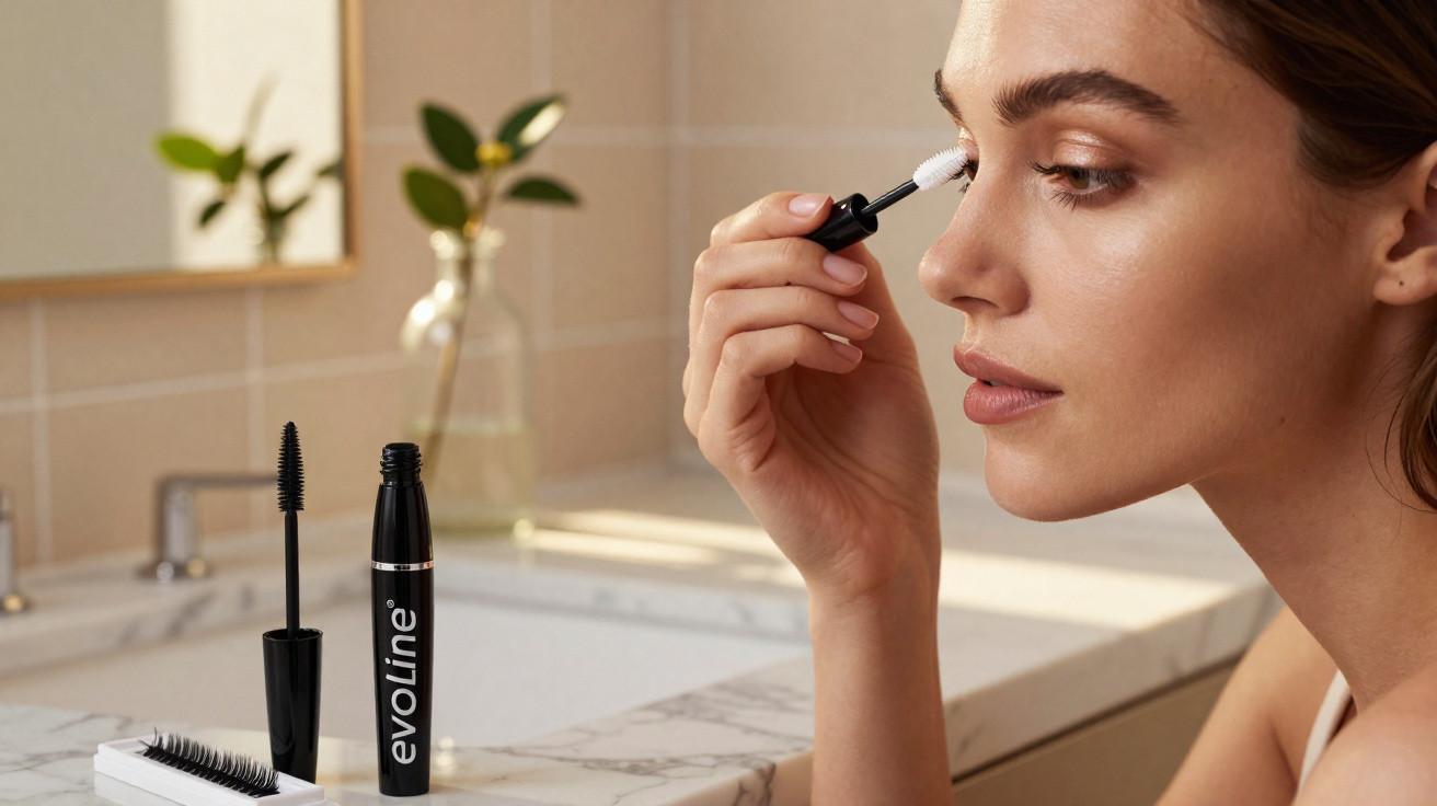 Woman applying white mascara to her eyelashes in a bathroom with makeup products on the counter.