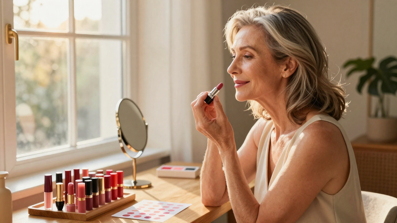 Mature woman applying lipstick while sitting at a wooden vanity table near a window with makeup products.