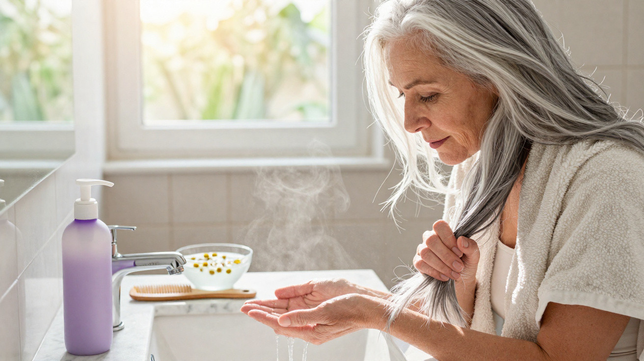 Older woman with grey hair touching her wet hair over a bathroom sink with sunlight through window.