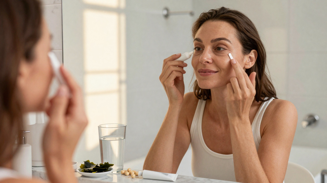Woman applying cream under her eyes while looking in a bathroom mirror with a glass of water nearby