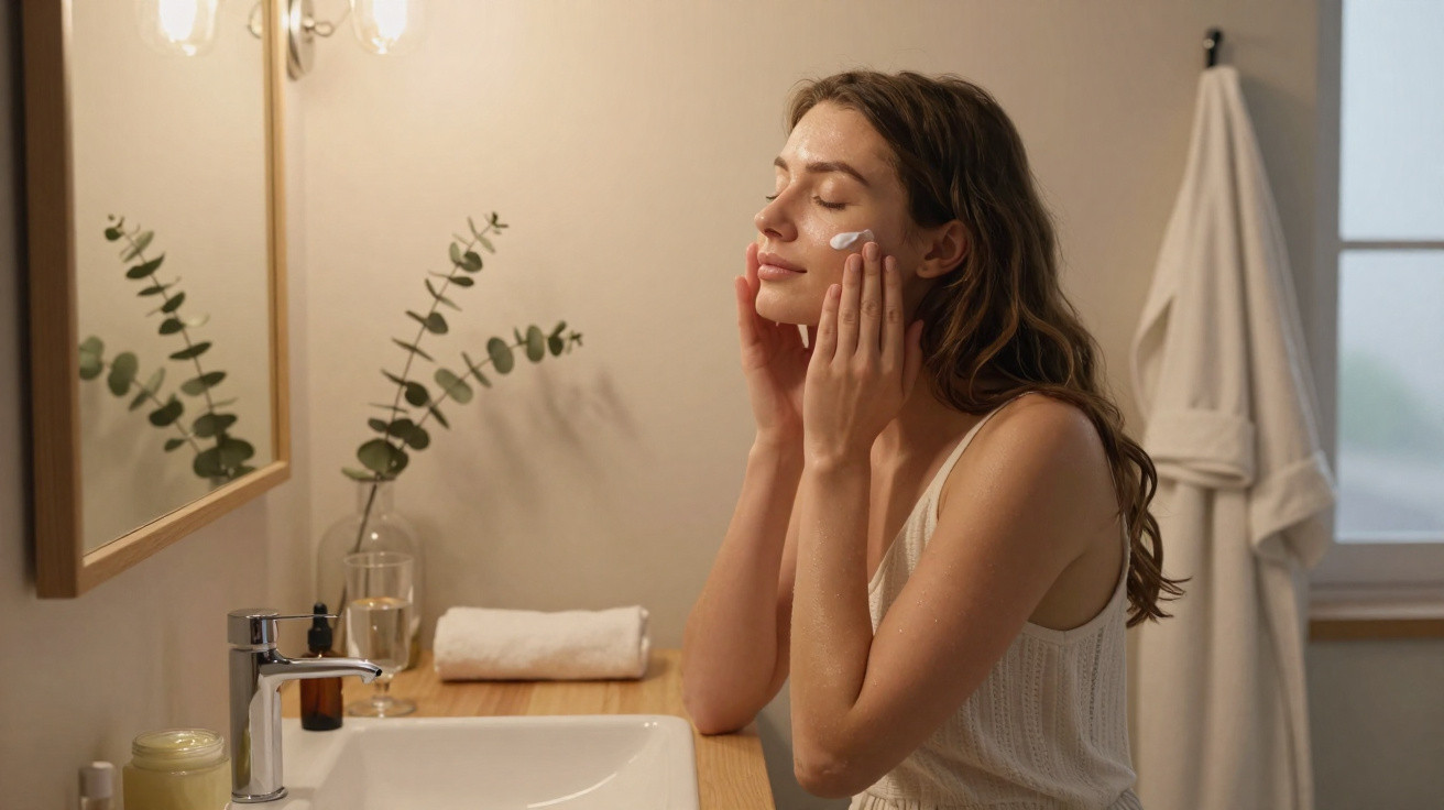 Woman in bathroom applying cream to her face in front of a mirror with eucalyptus in a vase nearby.