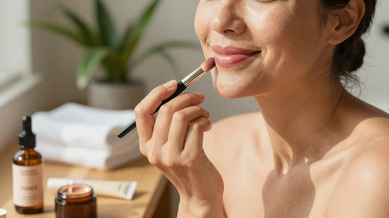 Woman applying lip makeup with a brush in a bright room with skincare products on a wooden table nearby.
