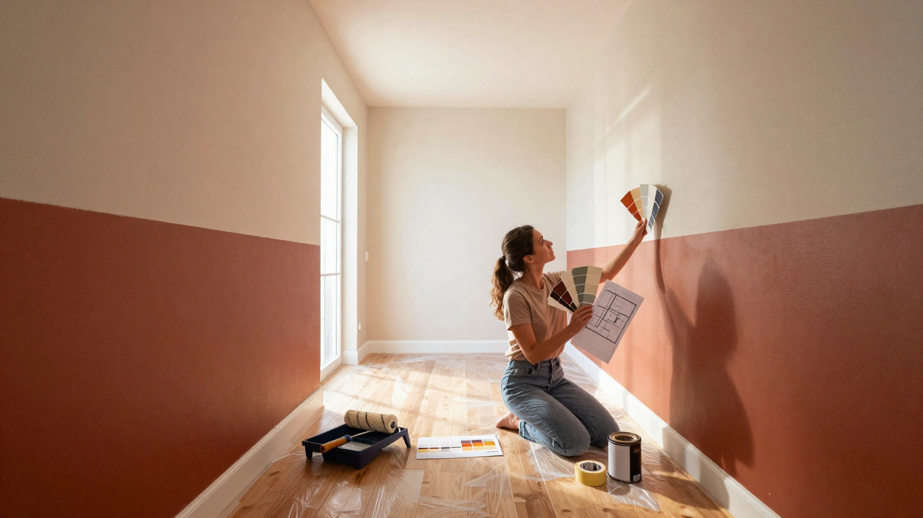 Woman kneeling on wooden floor choosing paint colours with swatches in a sunlit room with half painted walls.