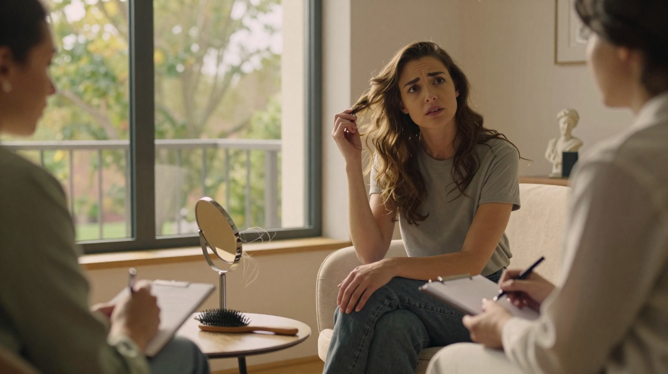 Young woman with concerned expression talking to two people taking notes in a bright room with large window.