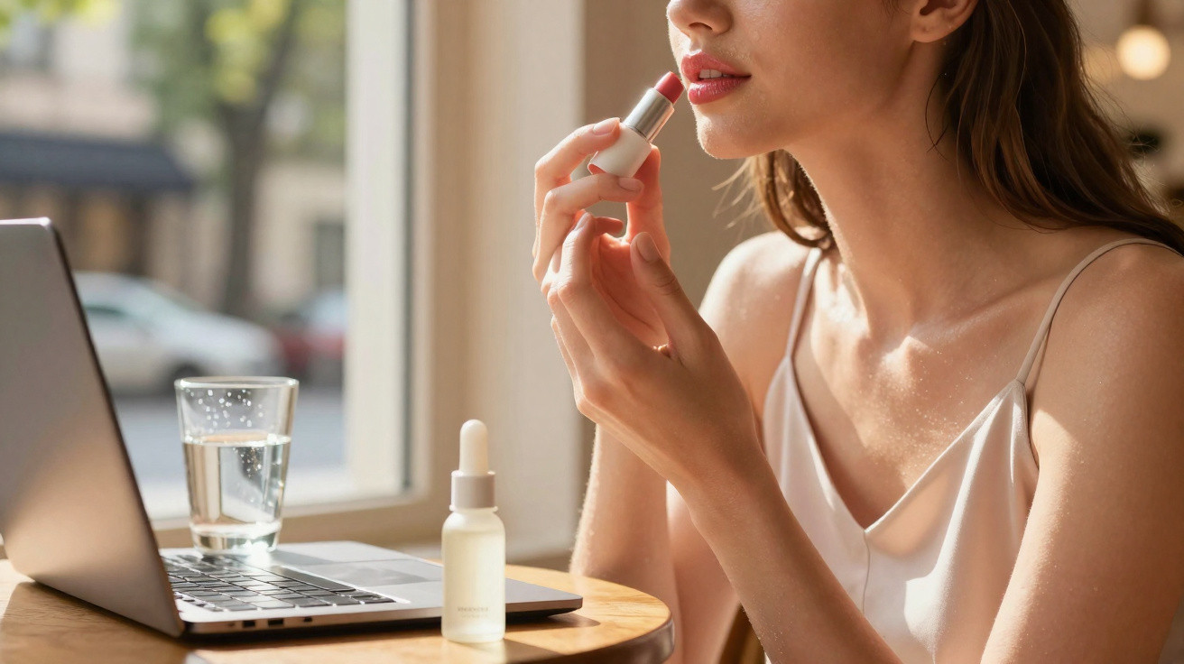 Woman applying lipstick while sitting at a table with a laptop, glass of water, and a dropper bottle nearby.