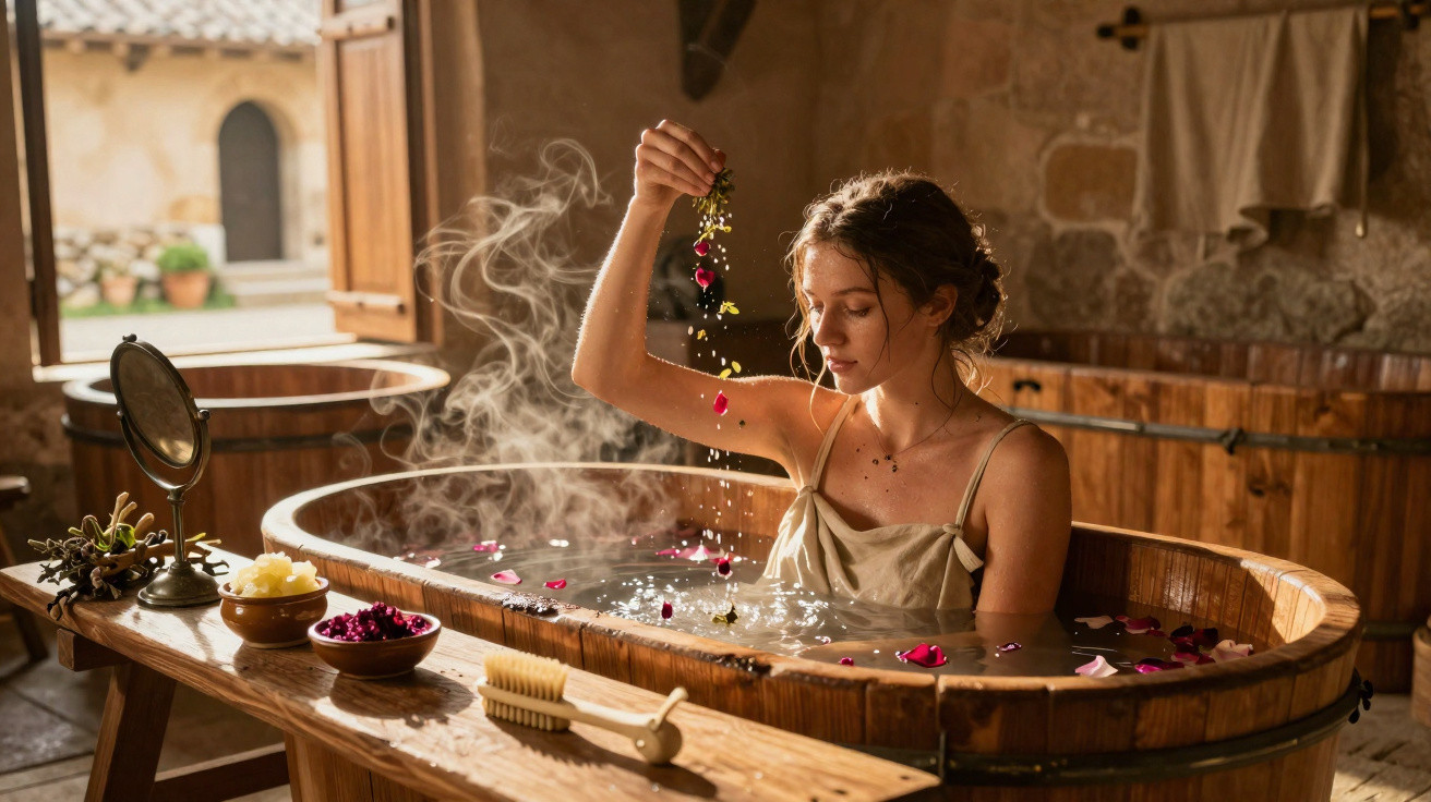 Woman relaxing in a wooden tub sprinkling flower petals into steaming water in a rustic spa setting.