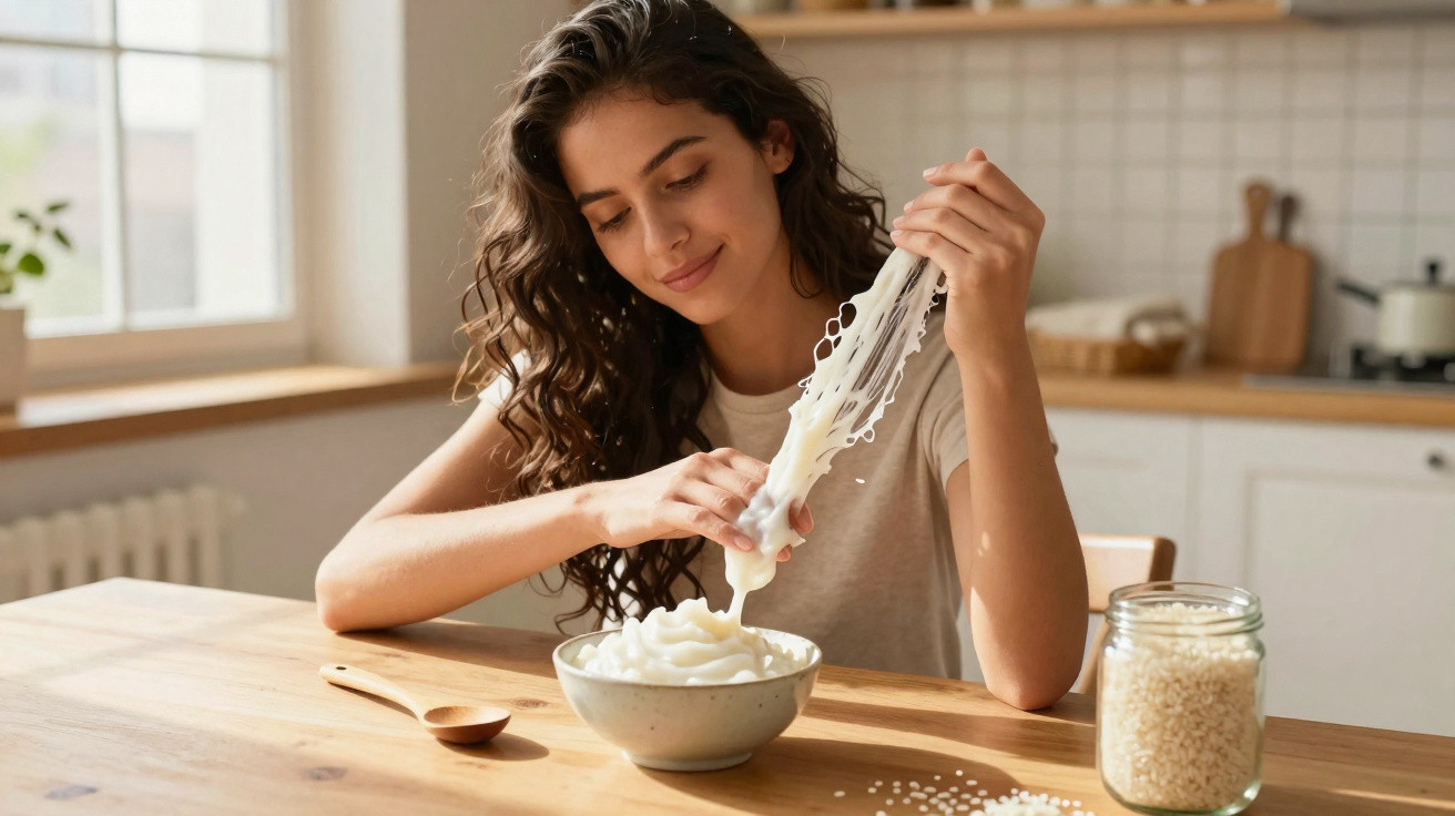 Woman stretching melted cheese over a bowl in a bright kitchen with a jar of rice nearby.