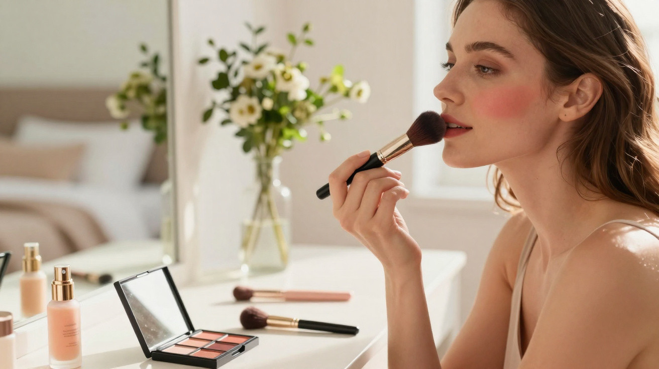 Woman applying makeup with a brush at a dressing table with cosmetics and a flower vase in the background