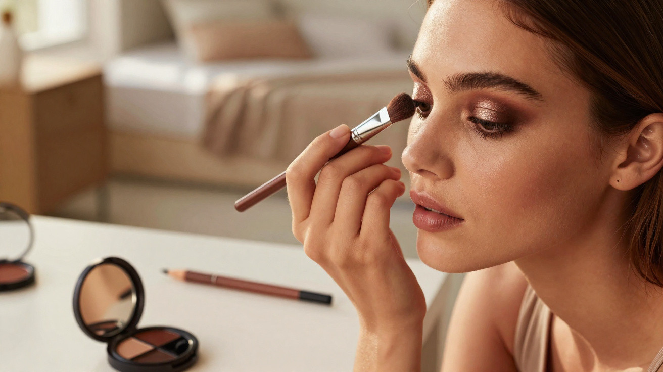 Young woman applying eyeshadow with a brush, makeup palette and pencil on a white table in soft natural light.