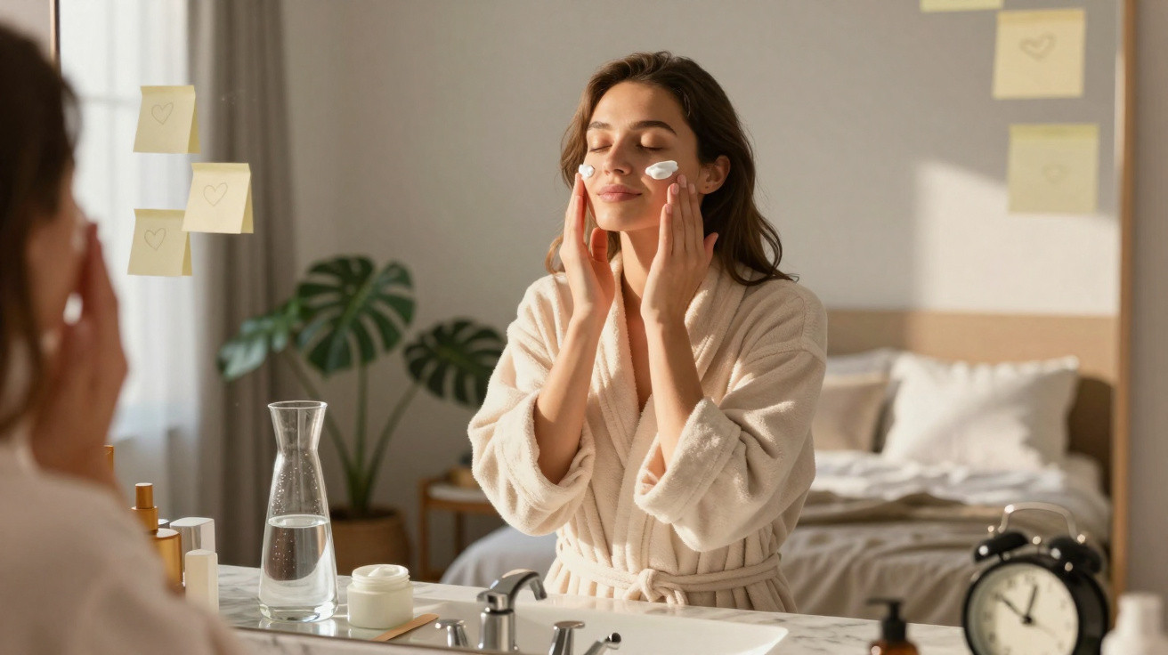 Woman in bathrobe applying face cream in front of a mirror in a cozy bedroom setting.