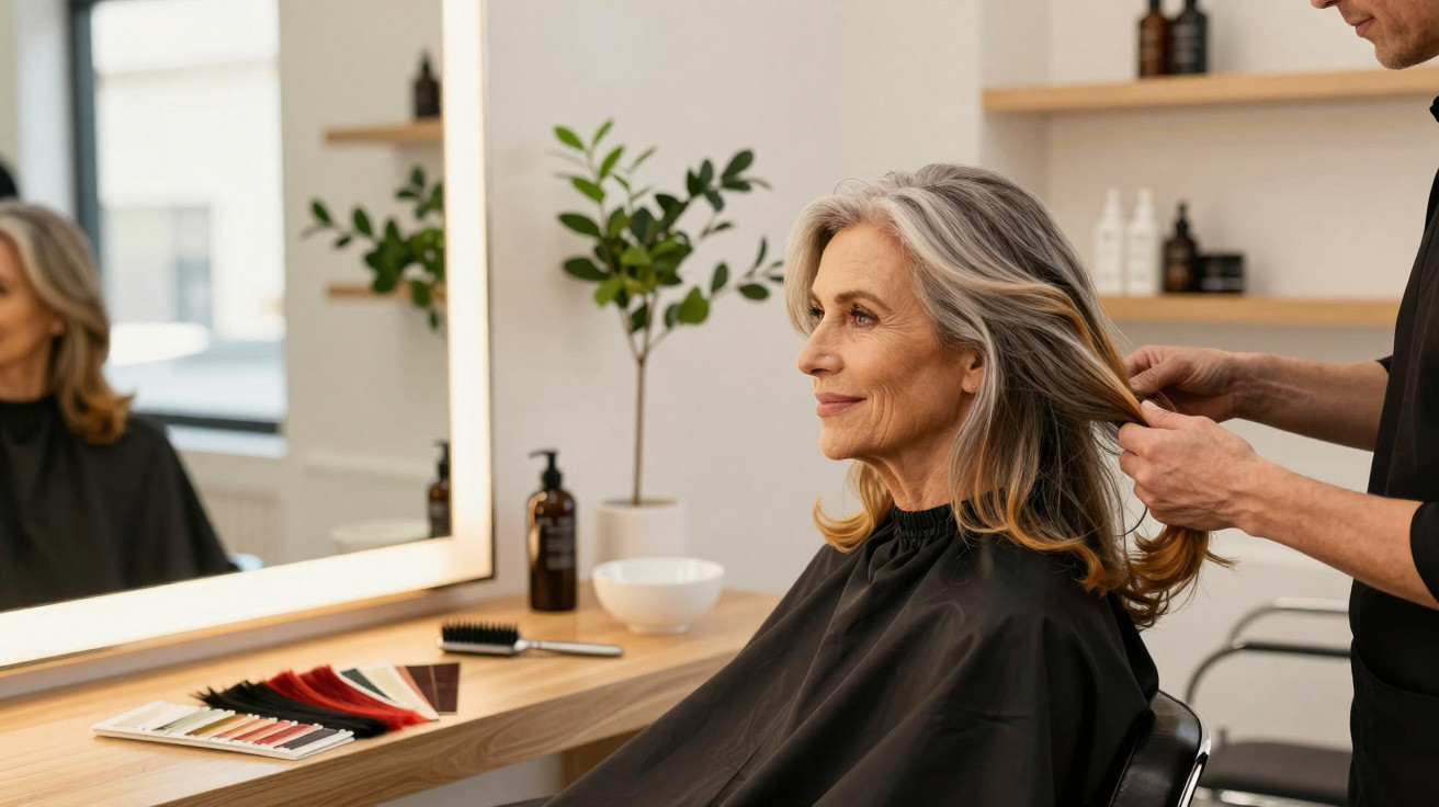 Mature woman with grey hair sitting in a salon chair, hairstylist arranging her hair gently.