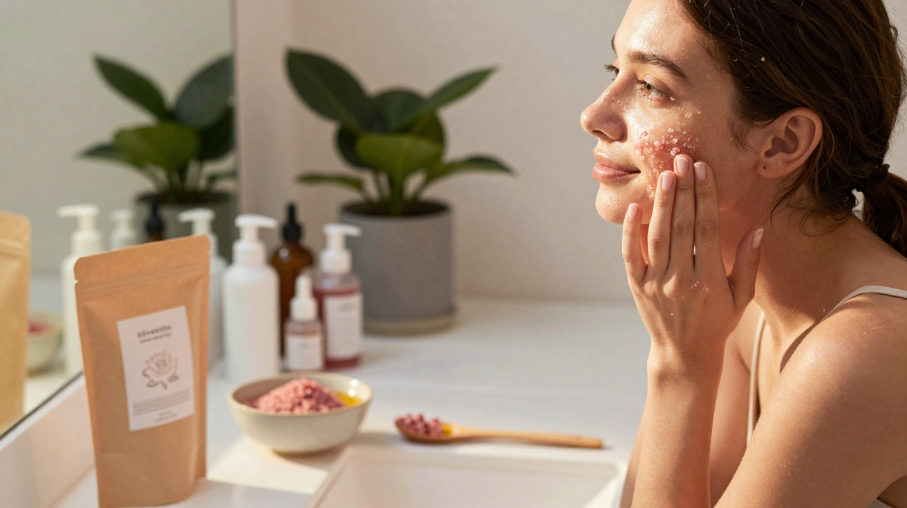 Young woman applying pink facial scrub in bright bathroom with skincare products and plants on counter.