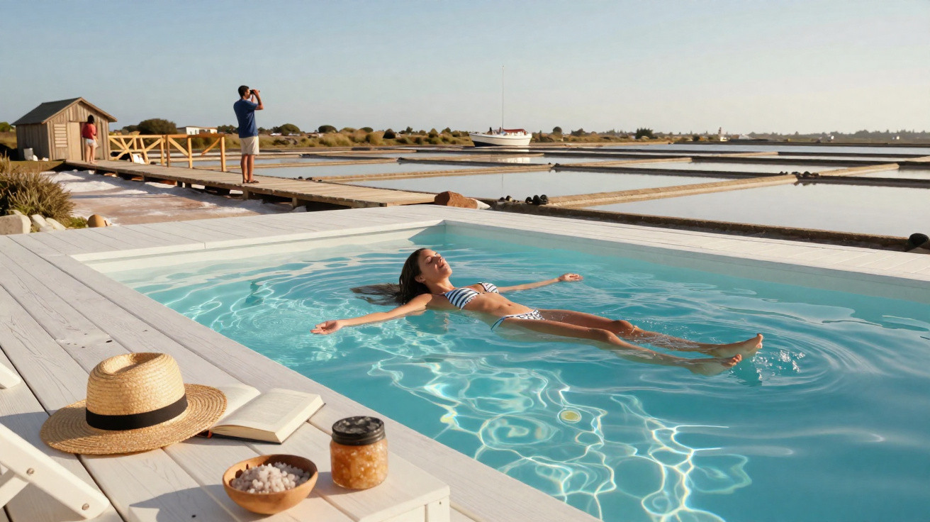 Woman in striped bikini floating on water in outdoor pool near salt flats with sunhat, book, and jar on deck.