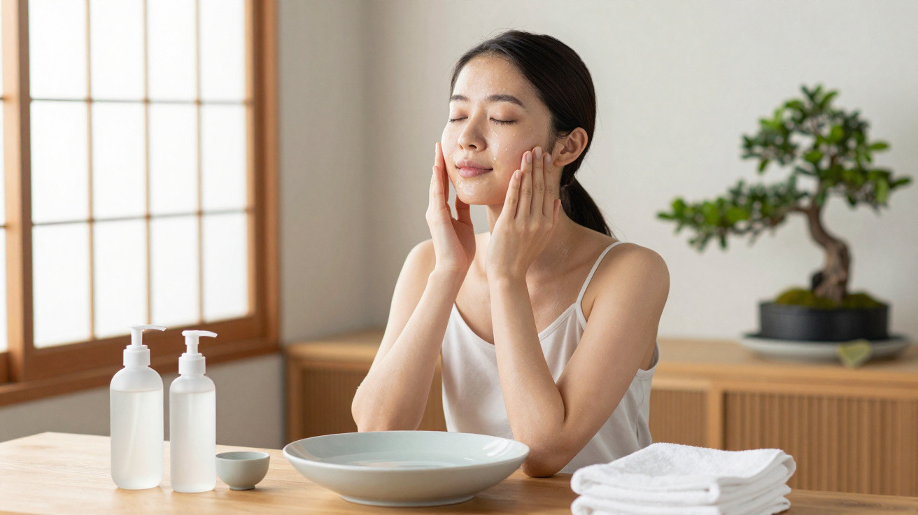 Young woman gently applying skincare cream to her face at a wooden table with towels and bottles nearby.