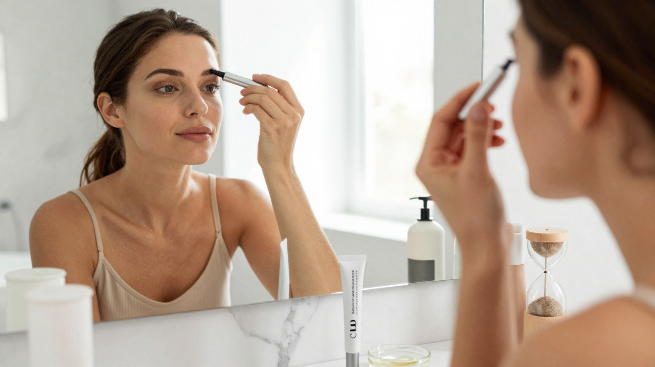 Woman applying eyebrow makeup while looking into a bathroom mirror with skincare products on the counter.