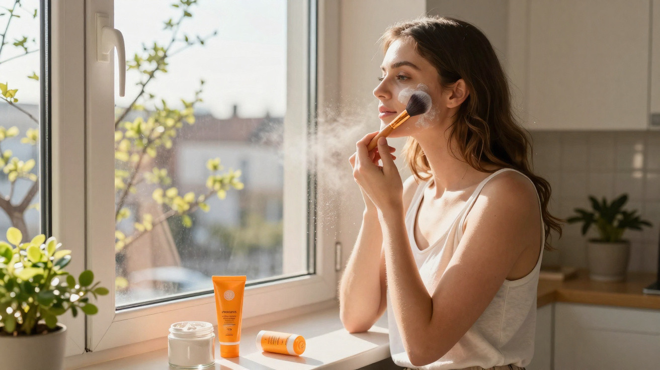 Young woman applying face powder with brush by sunny window with skincare products nearby