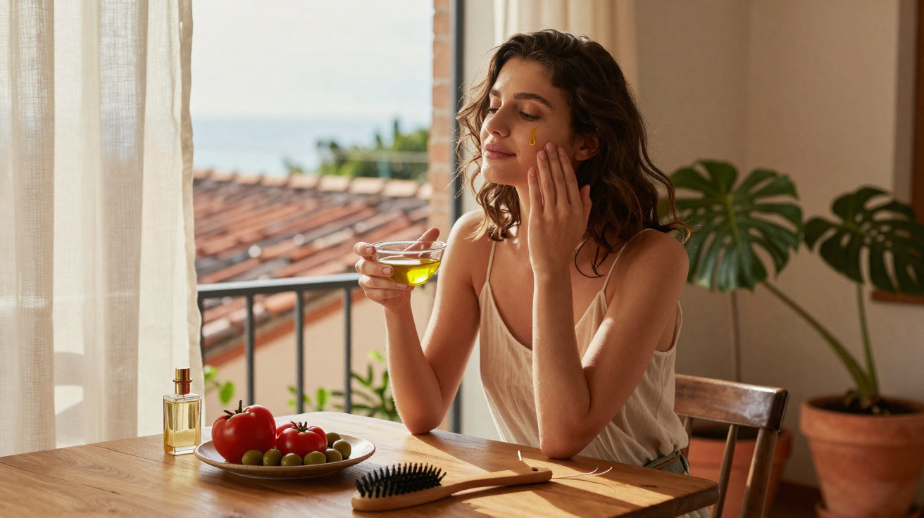 Woman applying oil to her face while sitting at a wooden table with fruit and a hairbrush.