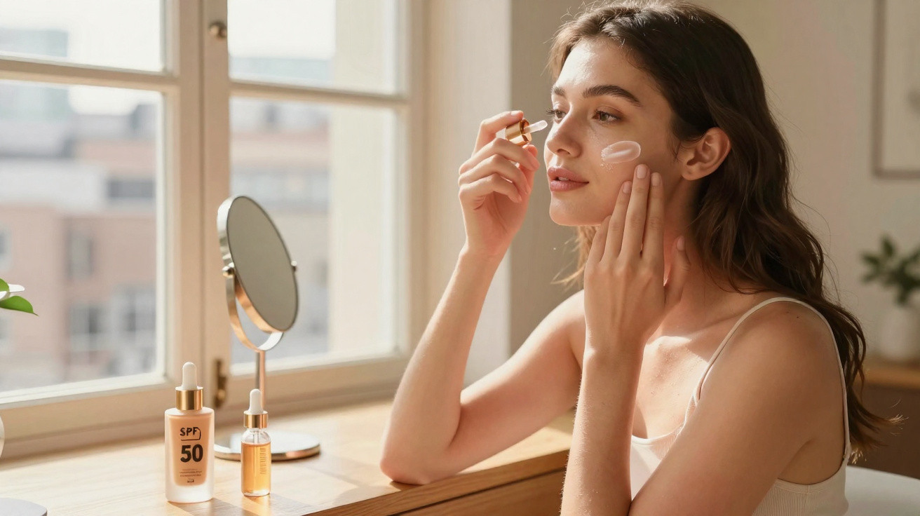 Woman applying sunscreen to her face using a dropper beside a mirror on a wooden table by a window.