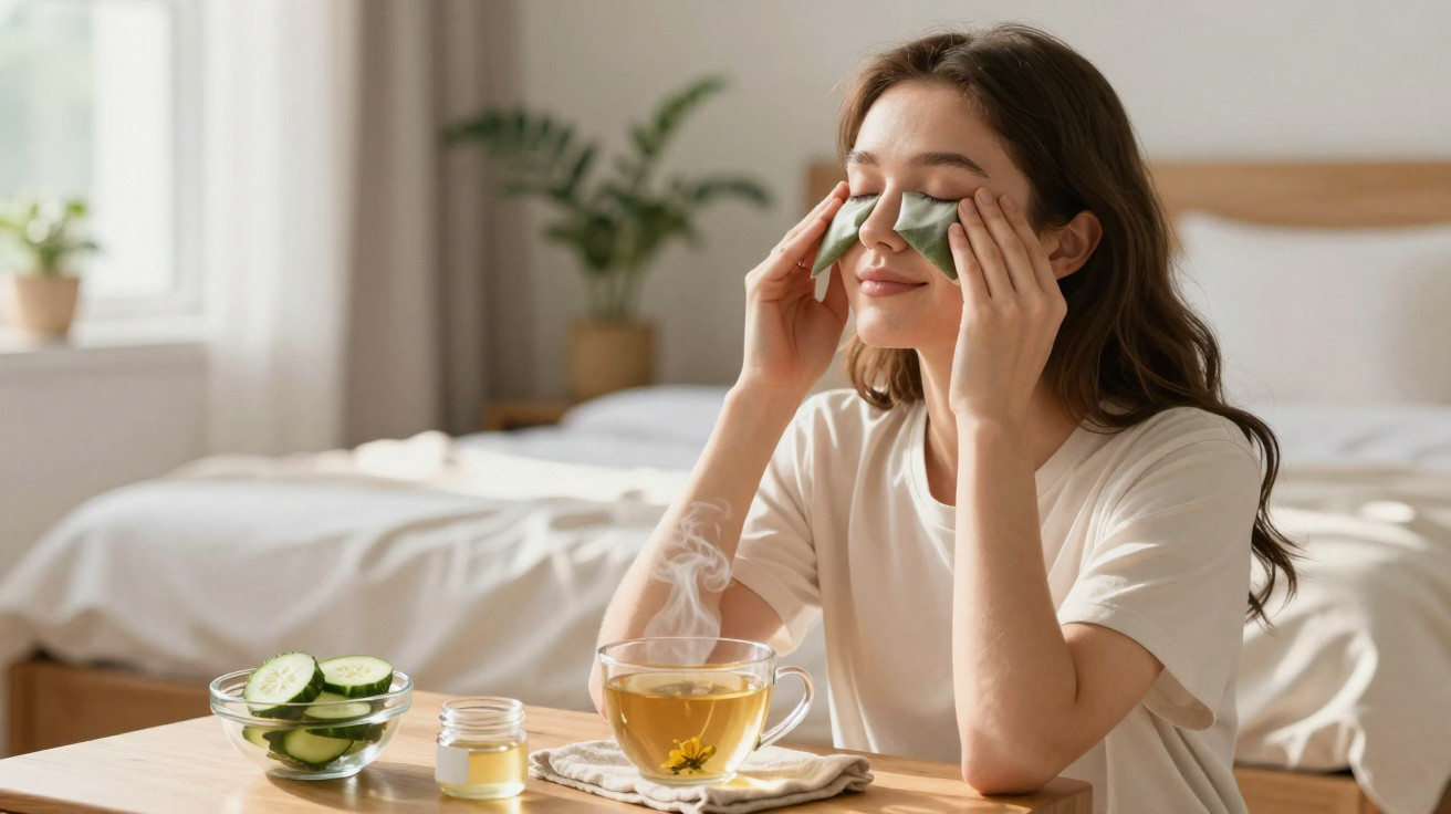 Woman relaxing with cucumber slices on eyes and a cup of herbal tea on a table in a bright bedroom.