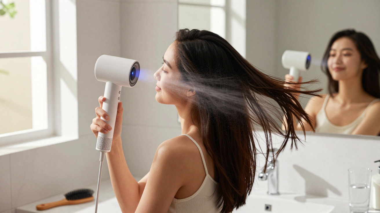 Woman drying her long hair with a white handheld hair dryer in a bright bathroom with a large mirror.