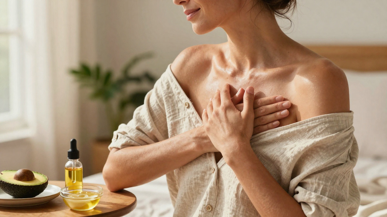 Woman applying oil to her chest with avocado and oil dropper on a table nearby in a softly lit room.