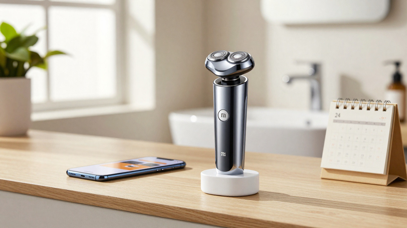 Electric shaver on a wooden counter next to a smartphone and a small desk calendar in a bright room.