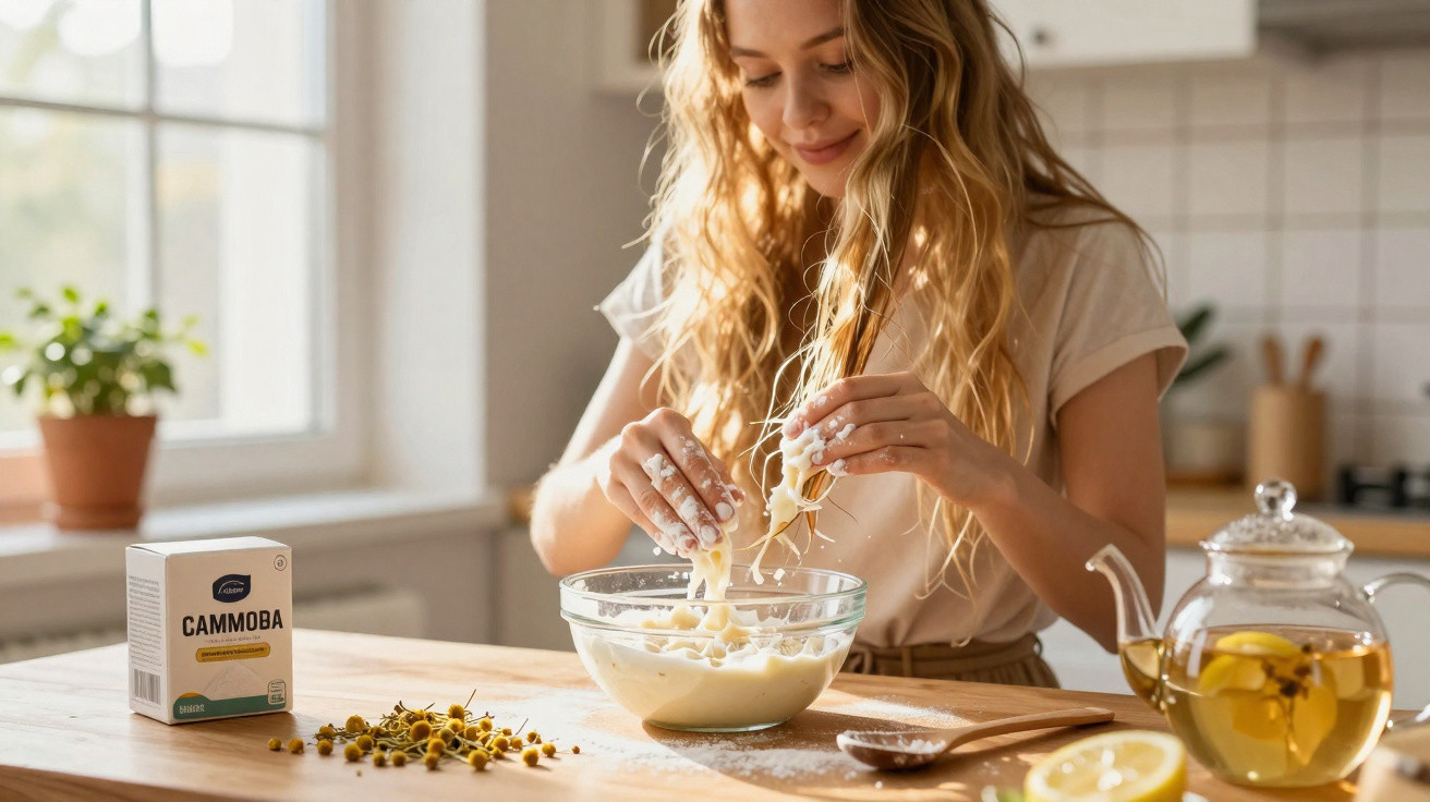 Young woman mixing dough in a glass bowl on a wooden kitchen table with tea and lemon nearby