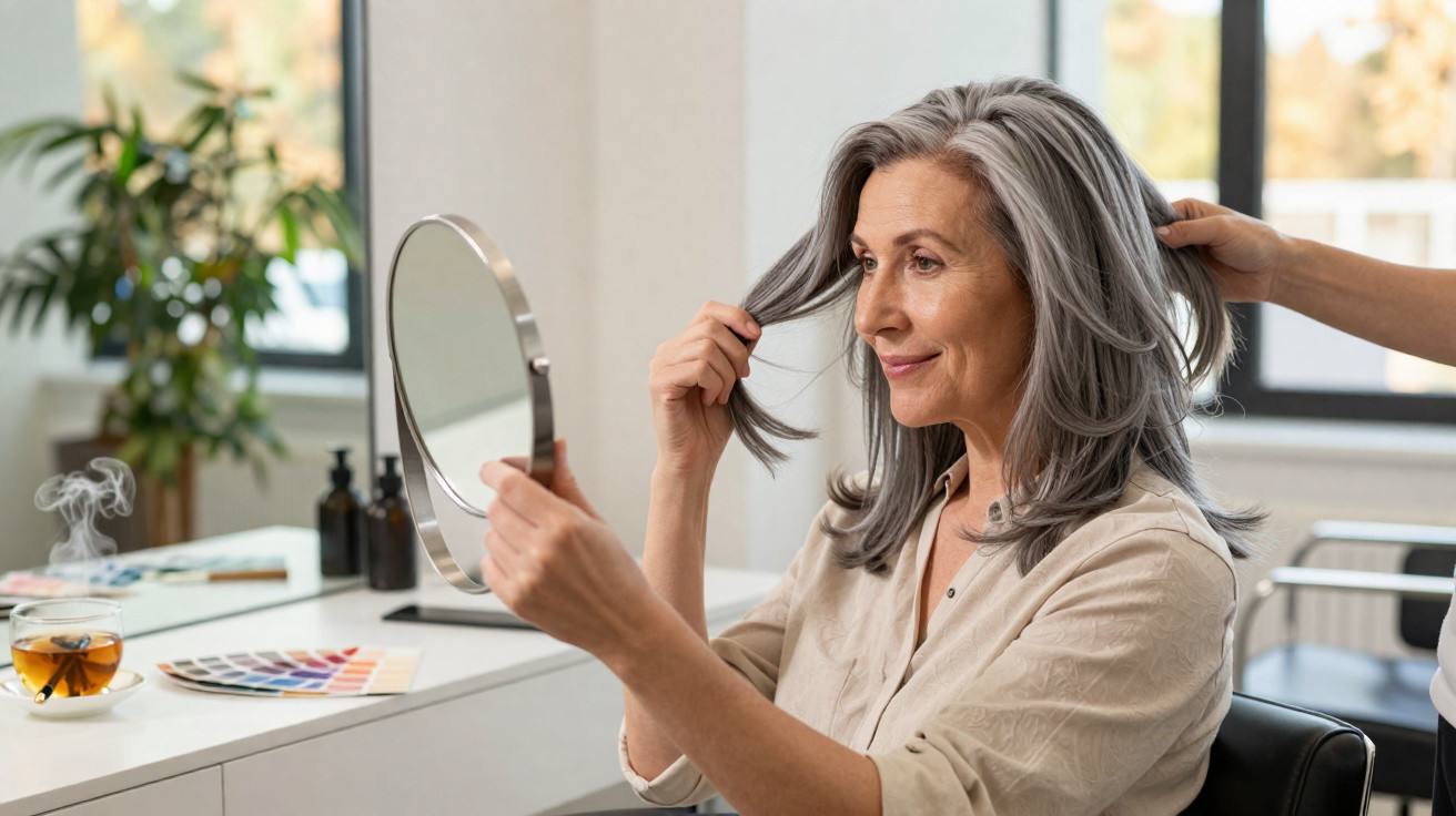Middle-aged woman with grey hair sitting in a salon chair, holding a mirror and checking her hairstyle.