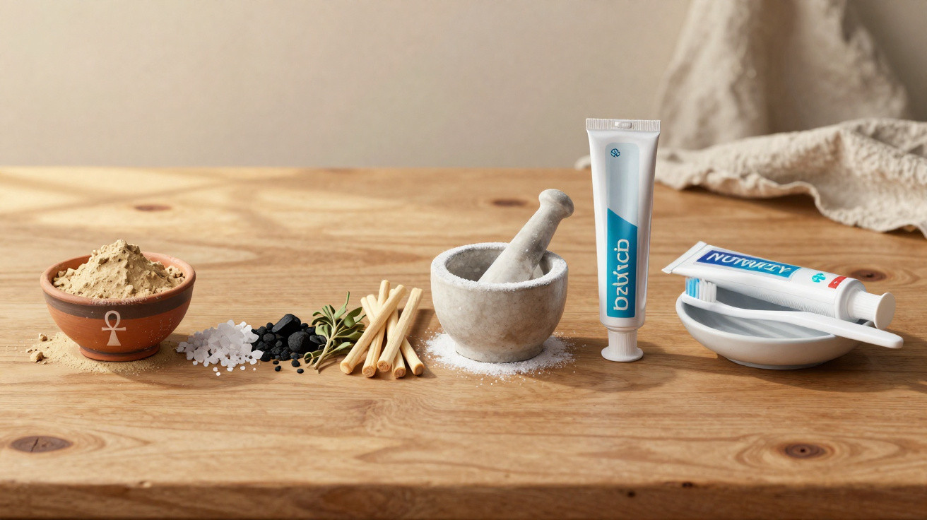 Natural ingredients, mortar and pestle, and modern toothpaste with toothbrush on wooden table.