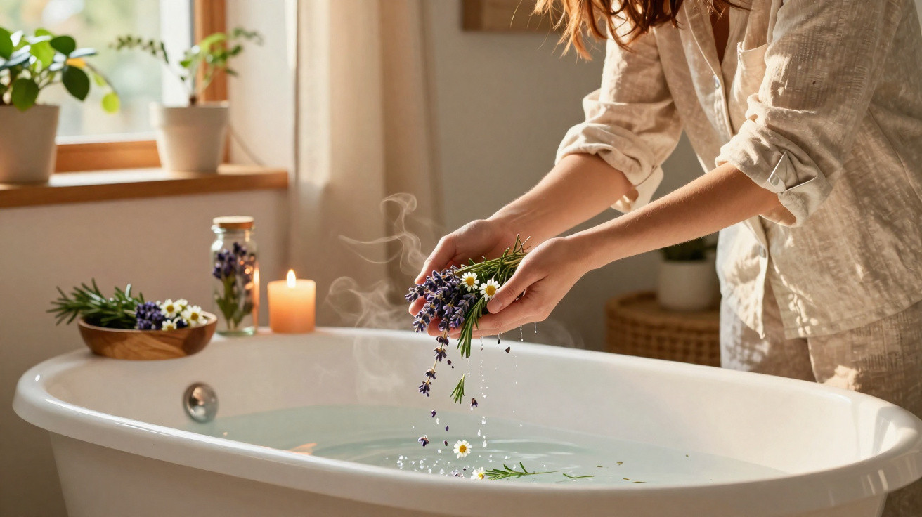 Person adding fresh lavender and chamomile flowers into a steaming white bathtub in a cosy bathroom.