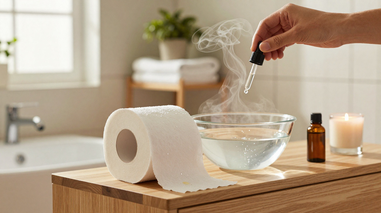 Hand holding a dropper adding essential oil to steaming bowl of water beside toilet paper and candle on wooden surface
