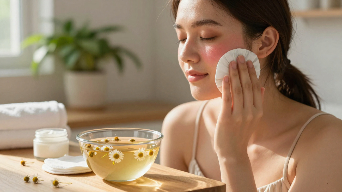 Young woman gently cleansing her face with a cotton pad beside a bowl of chamomile flowers in water