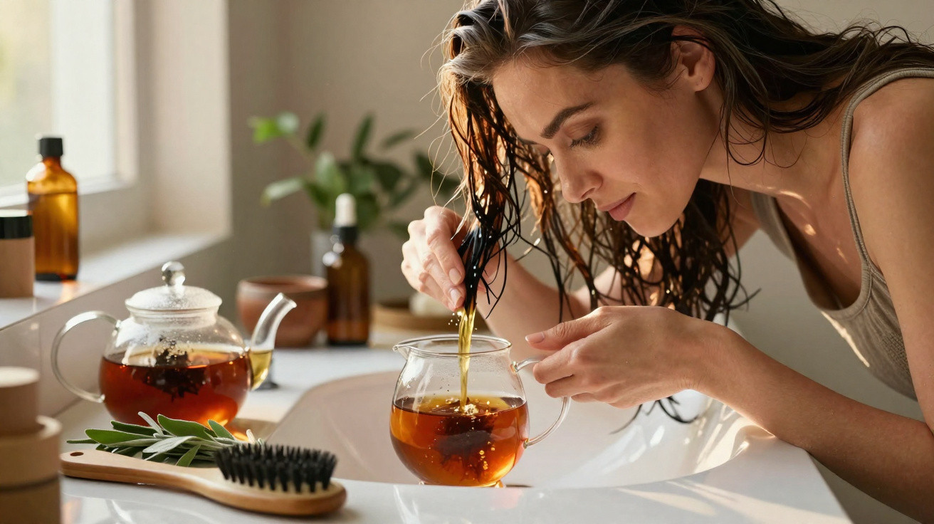 Woman with wet hair dipping strands into a cup of herbal tea in a bright bathroom setting.