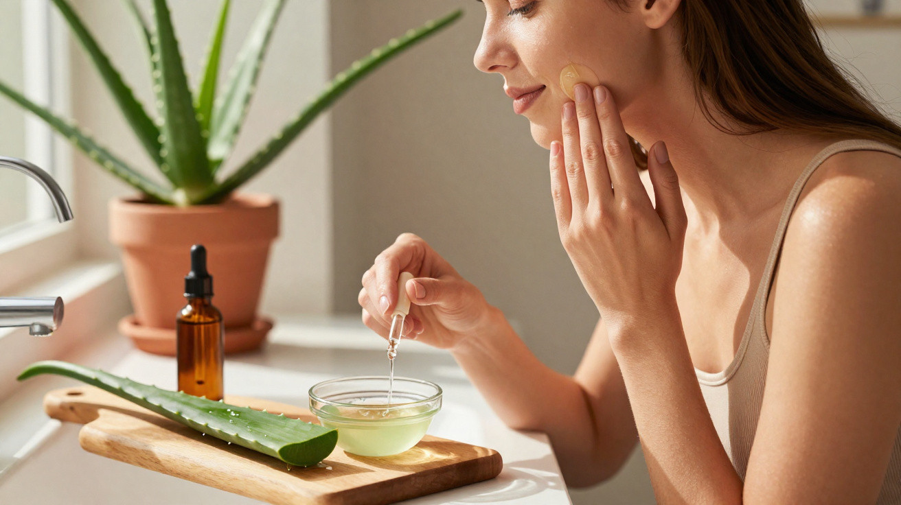 Woman applying natural aloe vera skincare serum to her face in a sunlit bathroom setting.