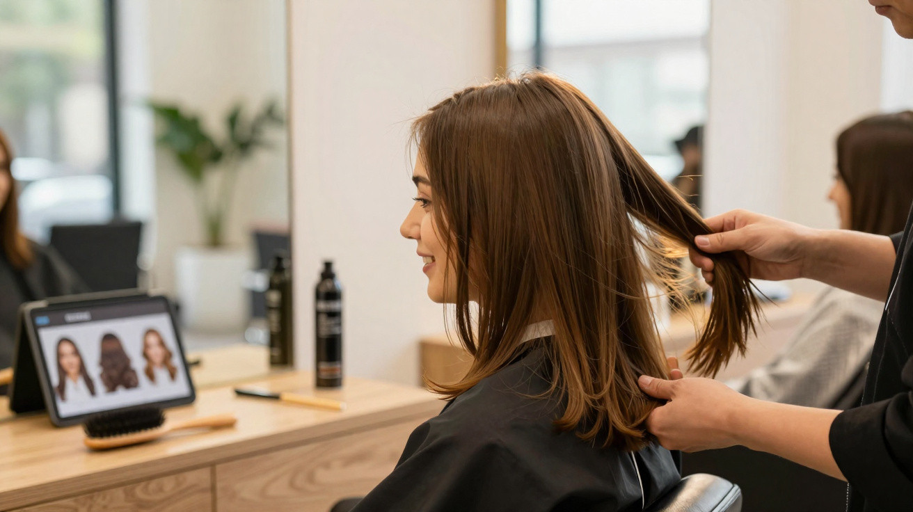 Woman sitting in a salon chair having her straight brown hair styled by a hairdresser.