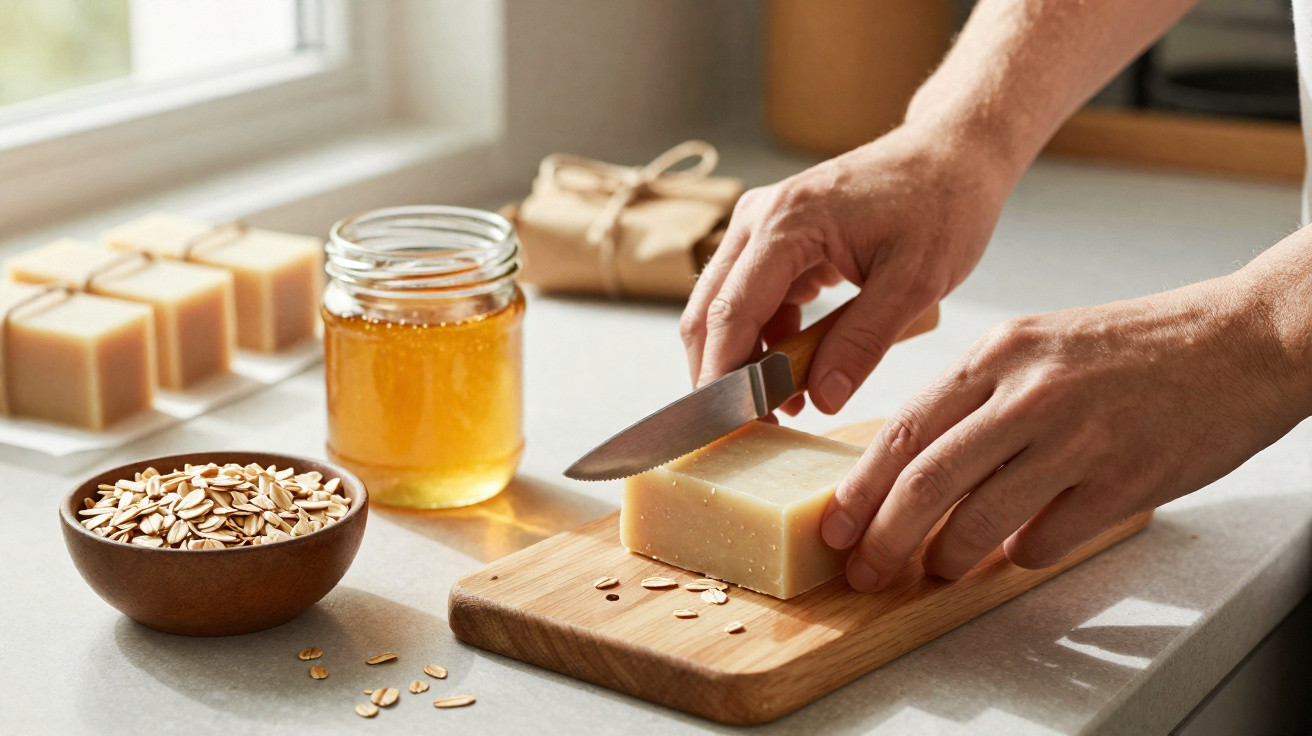 Hands slicing a bar of soap on a wooden board with a bowl of oats and a jar of honey nearby on a countertop.