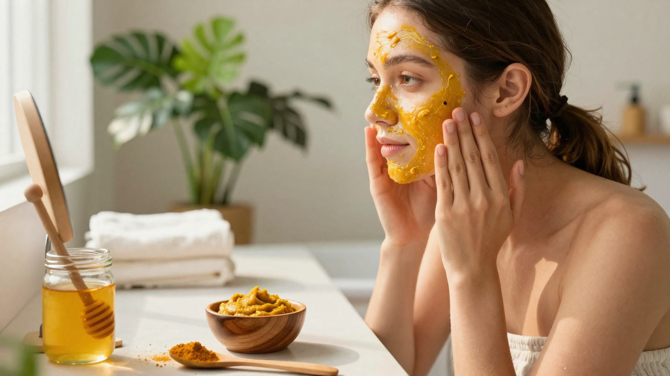 Young woman applying a homemade turmeric face mask in a bright bathroom with honey and wooden utensils nearby.