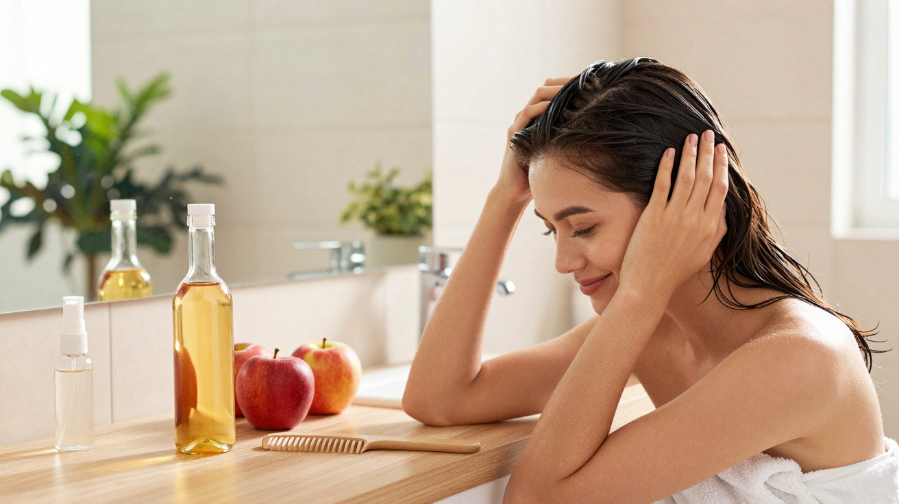 Woman with wet hair smiling and touching her head, sitting at a bathroom counter with apples and a bottle