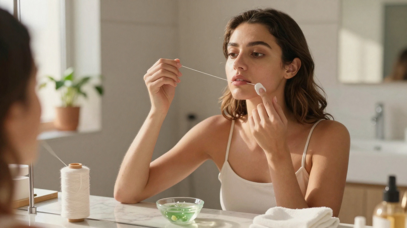 Woman using a cotton pad and dental floss in front of a bathroom mirror.