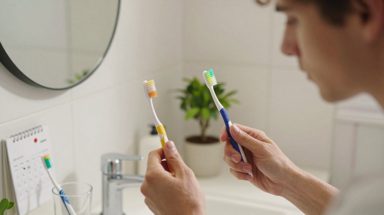 Person holding two different coloured toothbrushes in a bathroom near a sink and mirror
