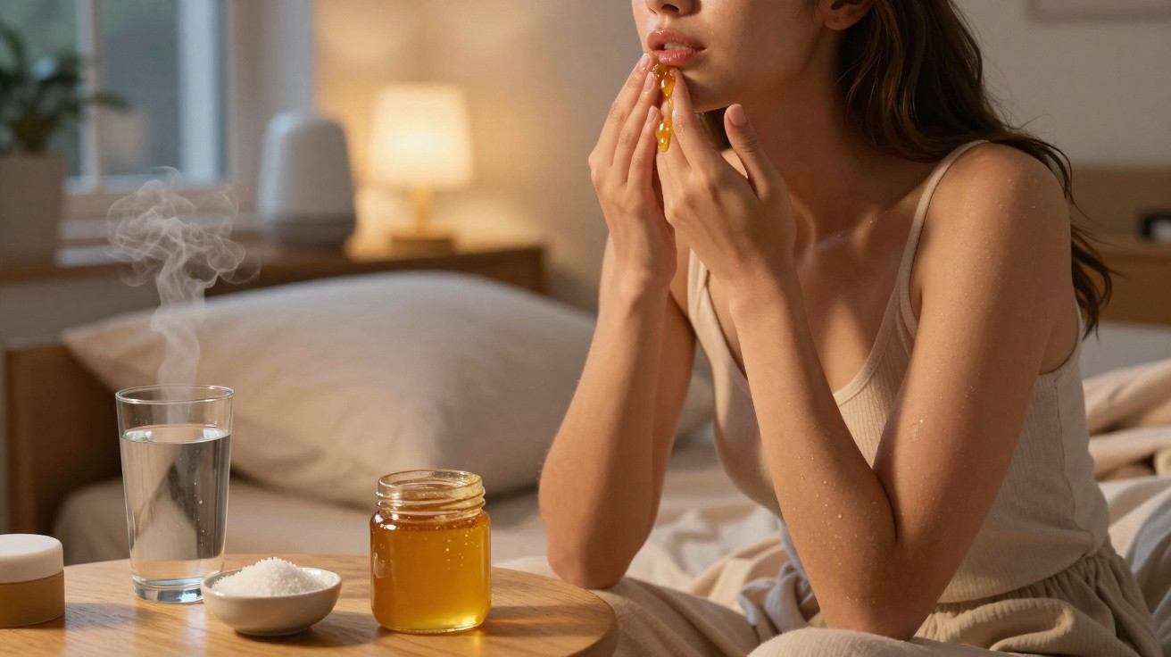 Woman applying honey to her lips while sitting on a bed with a jar of honey, steaming glass of water, and salt bowl nearby.