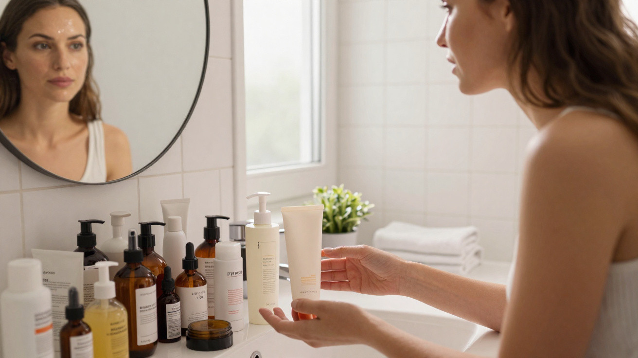 Woman applying skincare products in front of a bathroom mirror with various bottles on the sink counter.