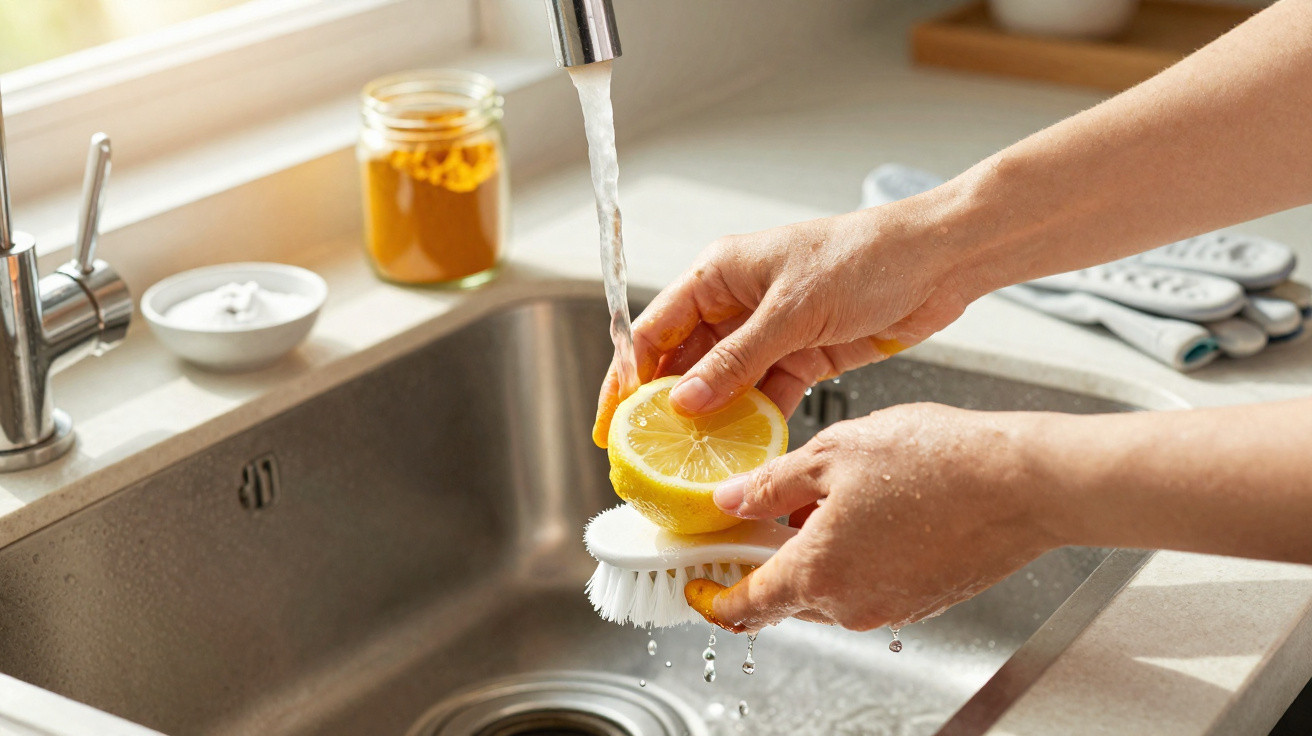 Hands scrubbing a lemon half with a brush under running water in a kitchen sink.