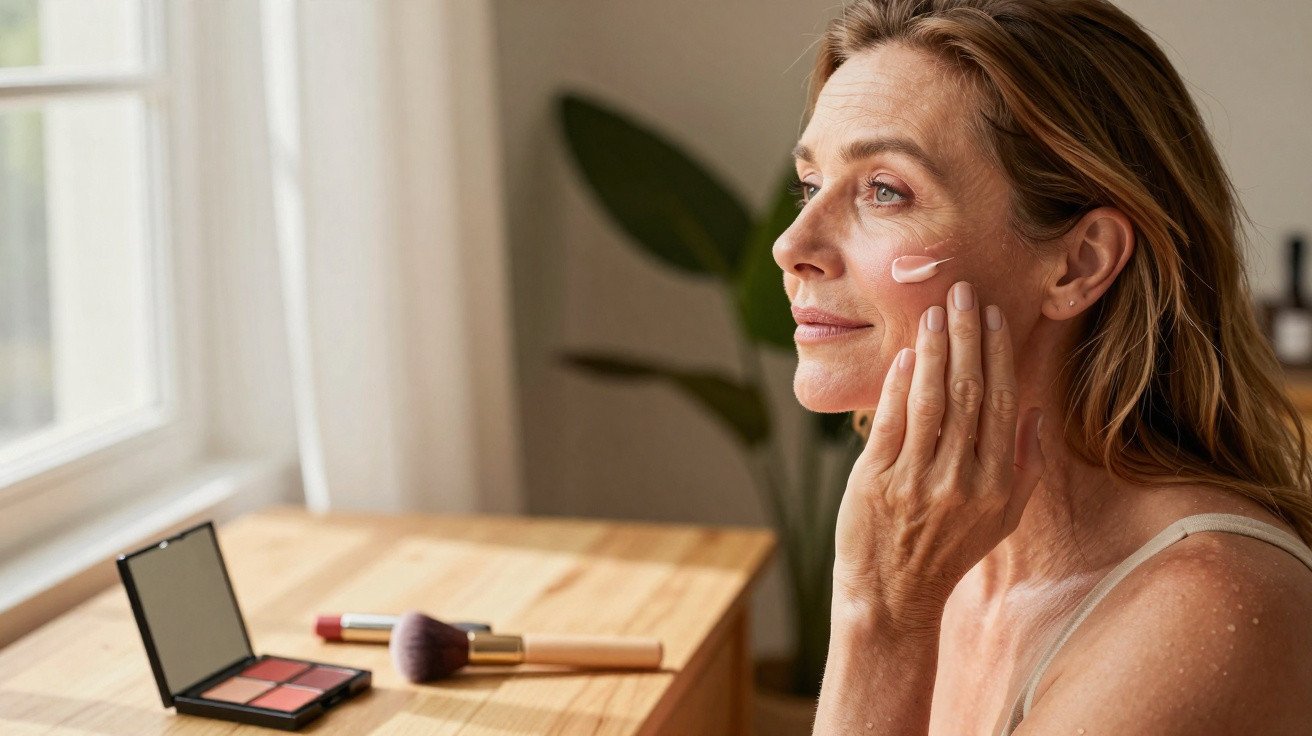 Woman applying cream to her cheek while sitting by a wooden table with makeup products near a window.