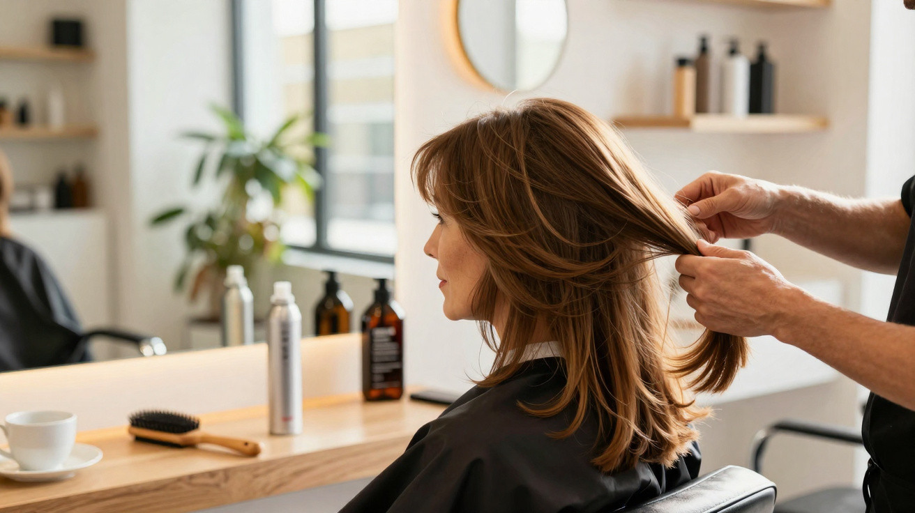 Hairdresser adjusting a seated woman's layered brown hair in a modern salon with wooden shelves and mirror.