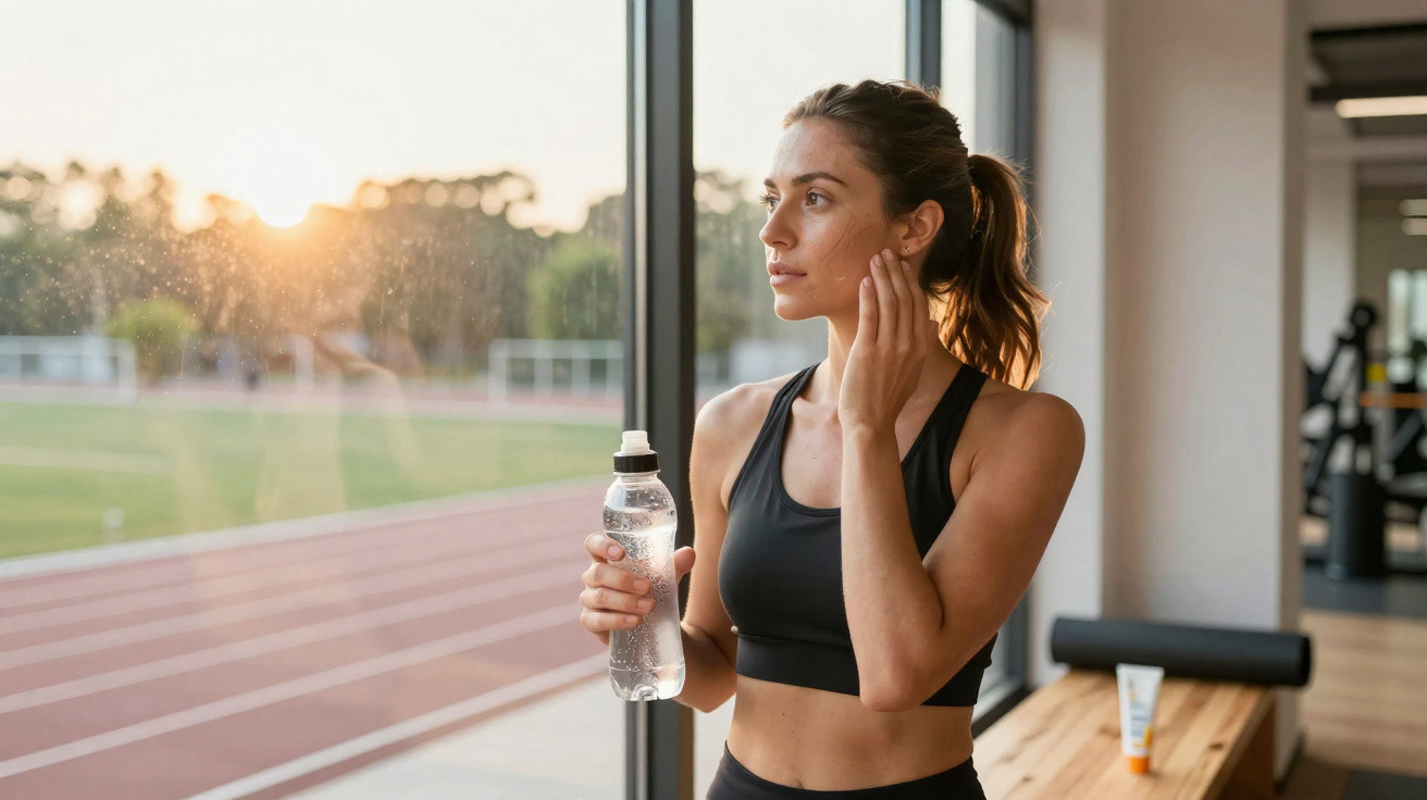 Woman in sportswear holding a water bottle and looking out gym window at a running track during sunset.
