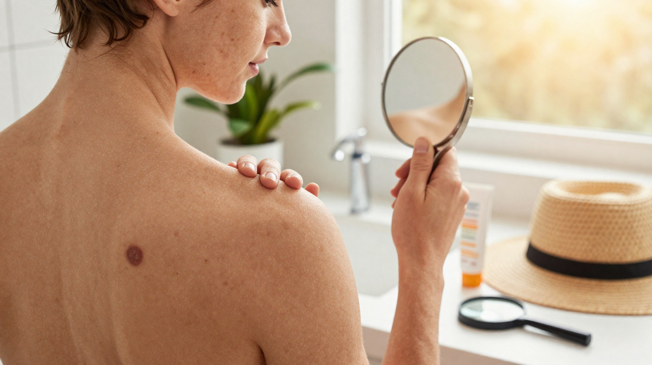 Person examining a raised mole on their shoulder using a small handheld mirror in natural light.